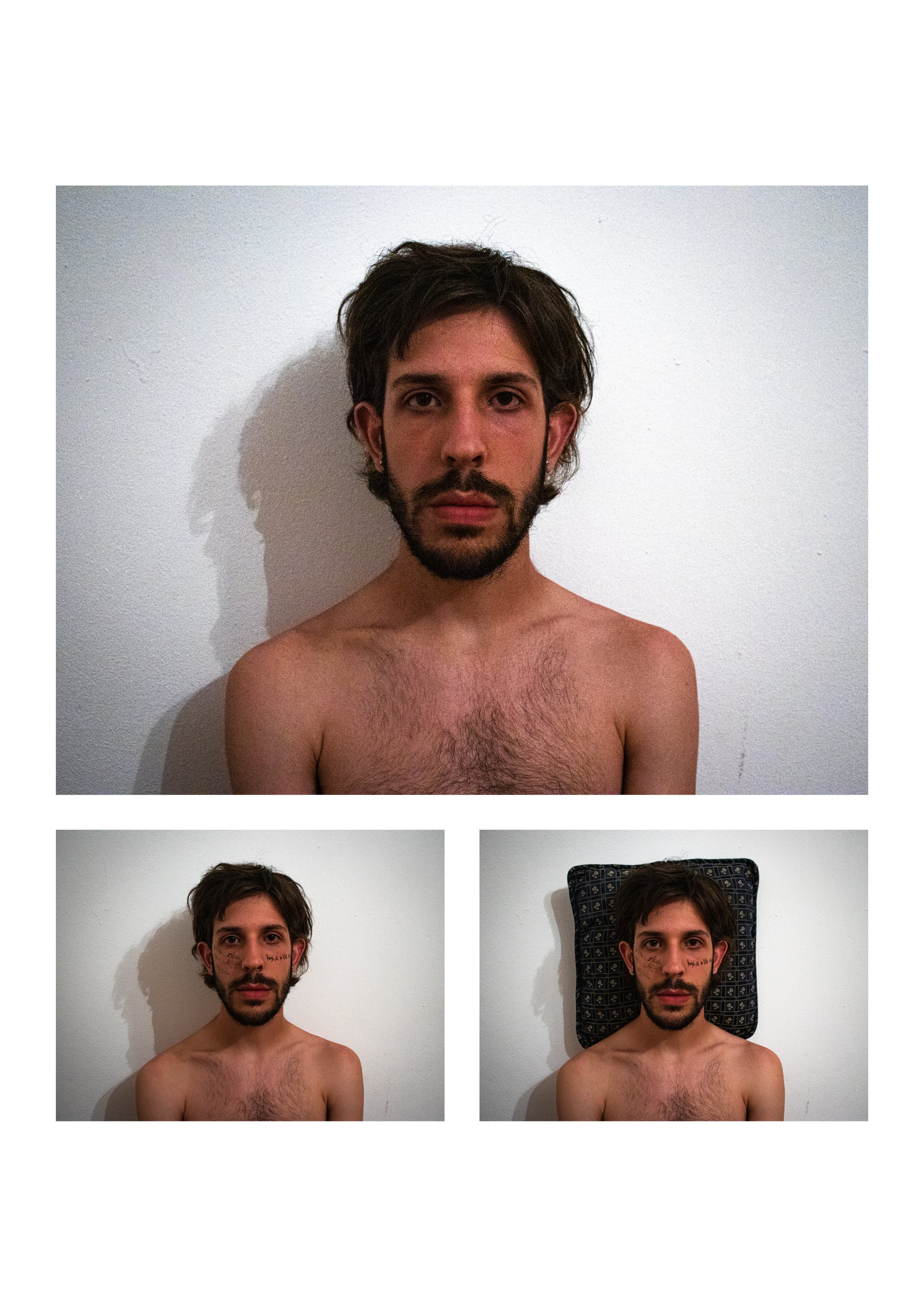 Self-portraits #1, #2 and #3, featuring Estêvão in a white wall, with an increasingly messy image, and objects added to the pictures.
