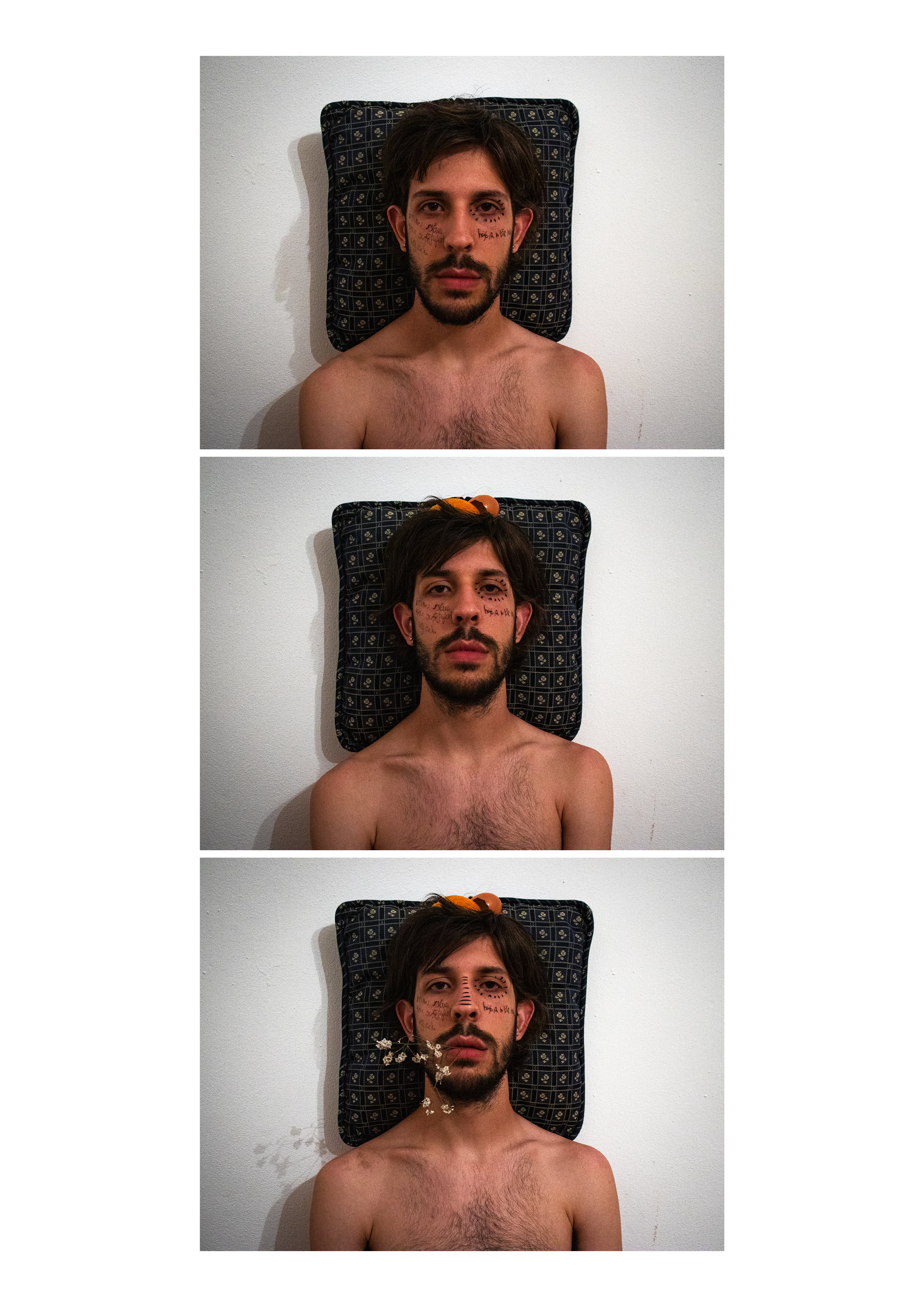Self-portraits #4, #5 and #6, featuring Estêvão in a white wall, with an increasingly messy image, and objects added to the pictures.
