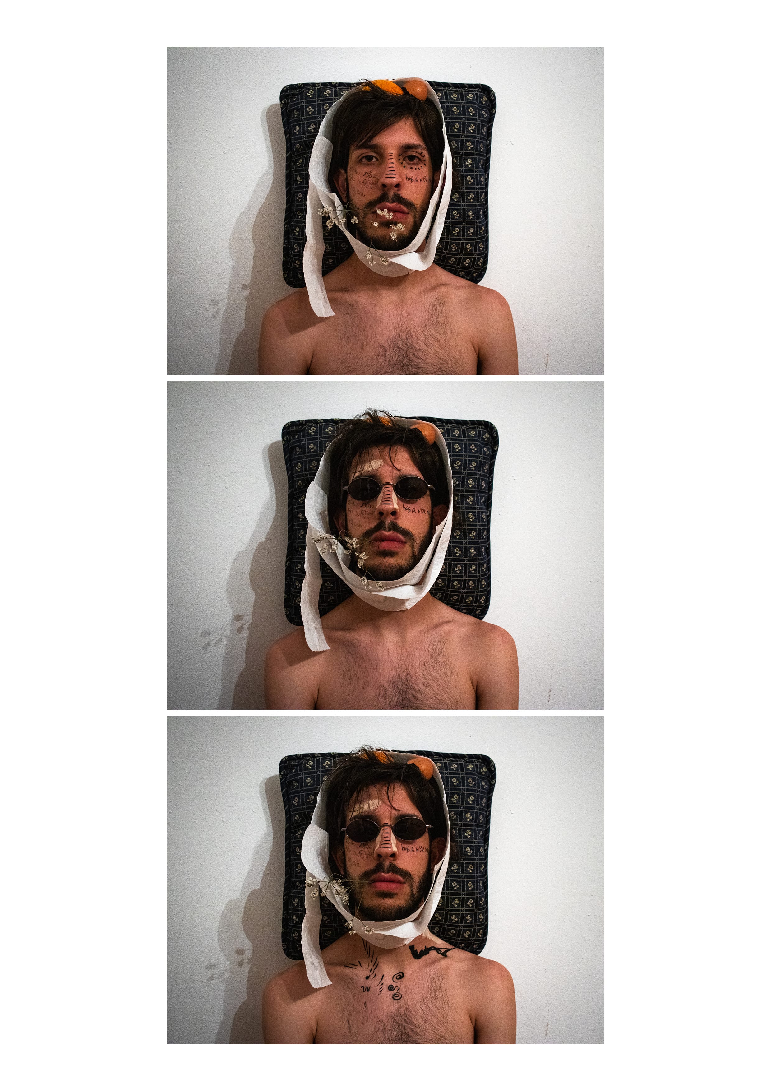 Self-portraits #7, #8 and #9, featuring Estêvão in a white wall, with an increasingly messy image, and objects added to the pictures.