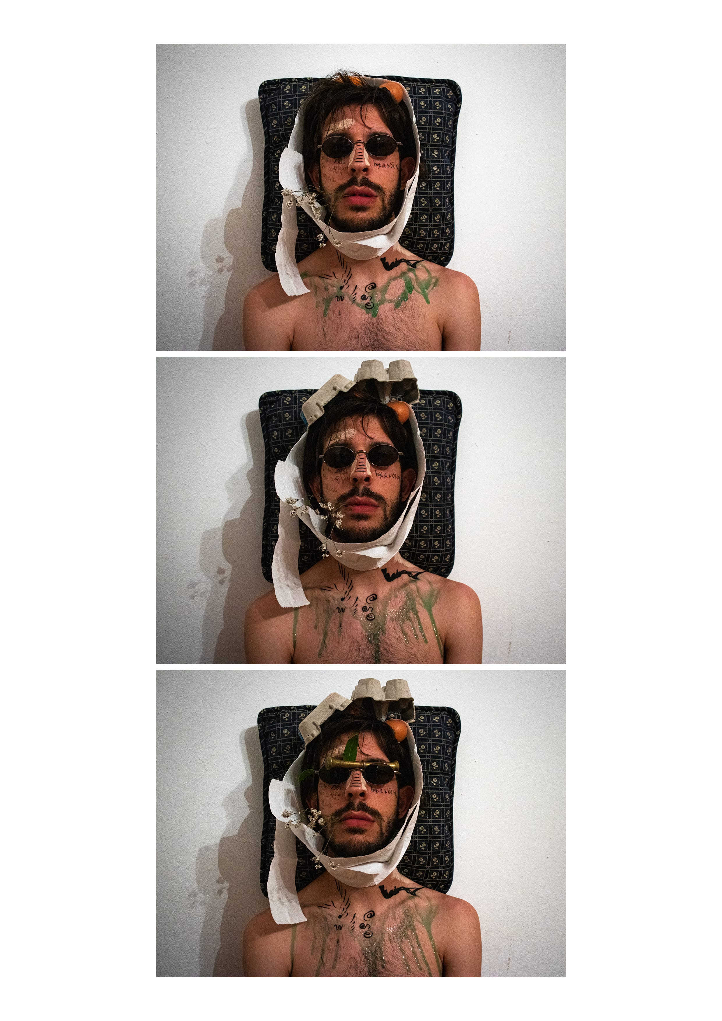 Self-portraits #10, #11 and #12, featuring Estêvão in a white wall, with an increasingly messy image, and objects added to the pictures.