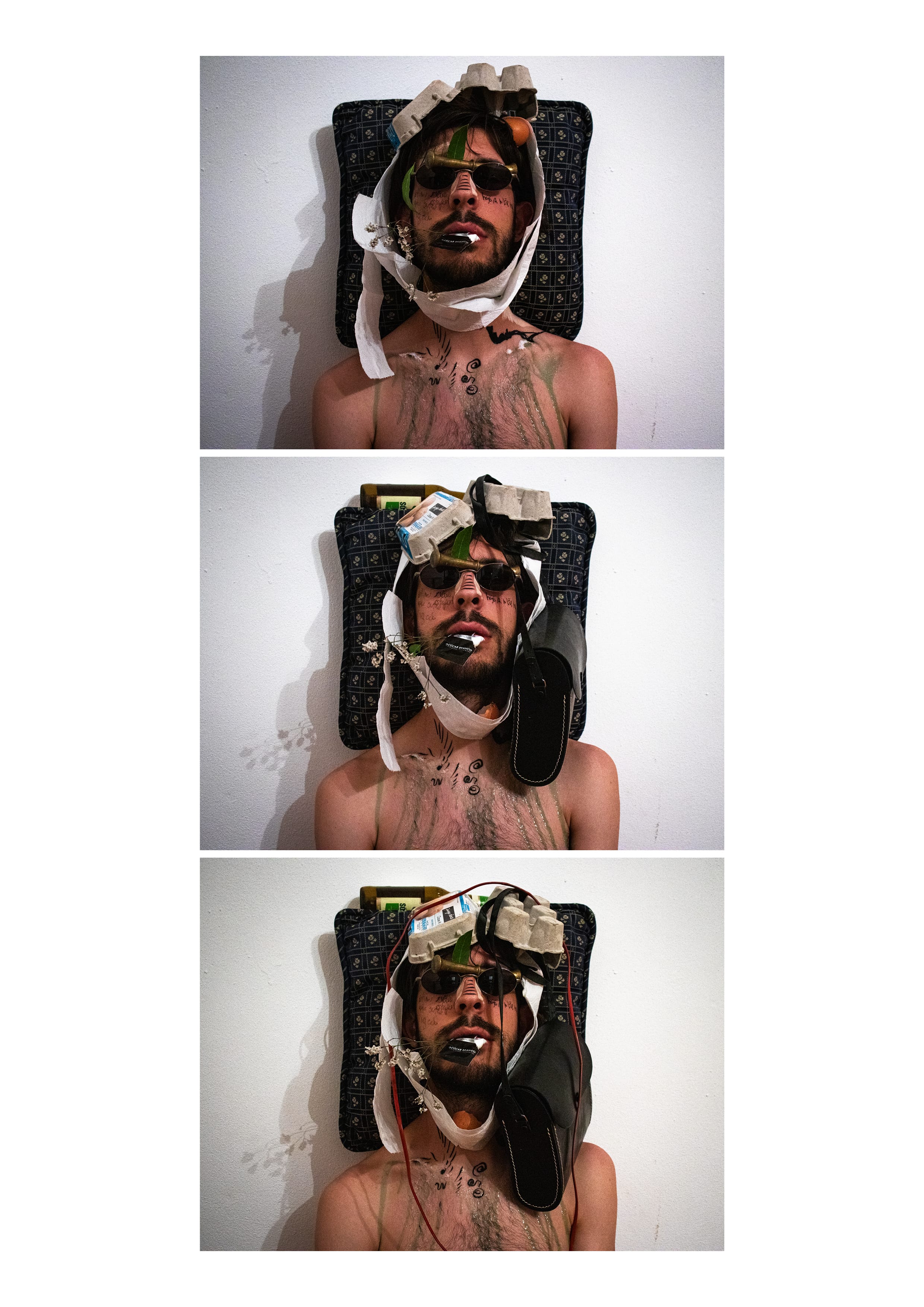 Self-portraits #13, #14 and #15, featuring Estêvão in a white wall, with an increasingly messy image, and objects added to the pictures.