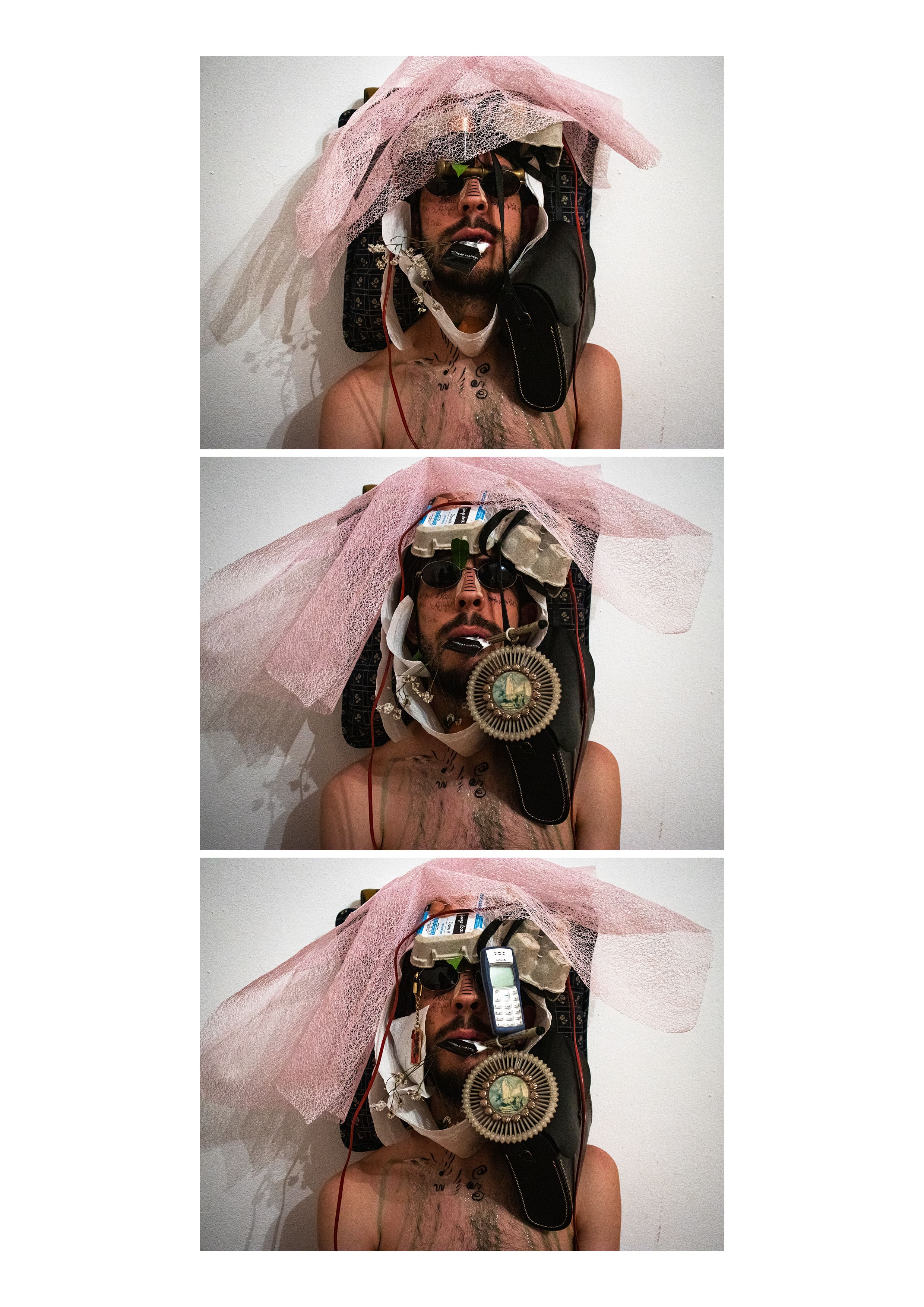 Self-portraits #16, #17 and #18, featuring Estêvão in a white wall, with an increasingly messy image, and objects added to the pictures.