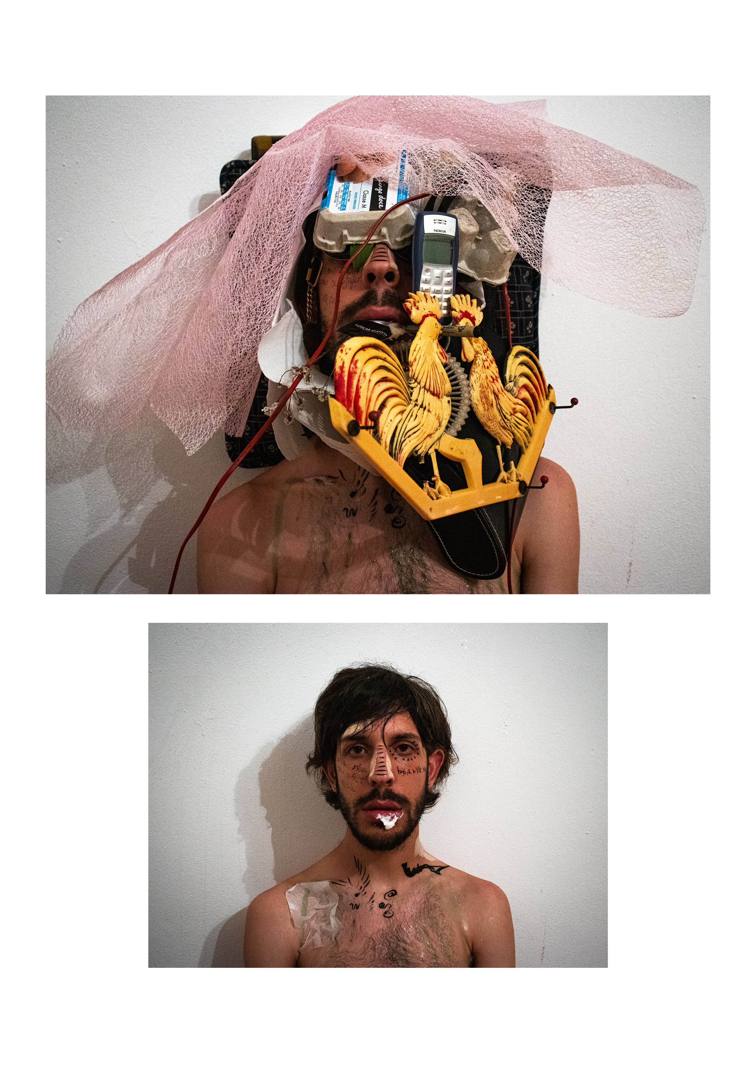 Self-portraits #19 and #20, featuring Estêvão in a white wall, with an increasingly messy image, and objects added to the pictures.