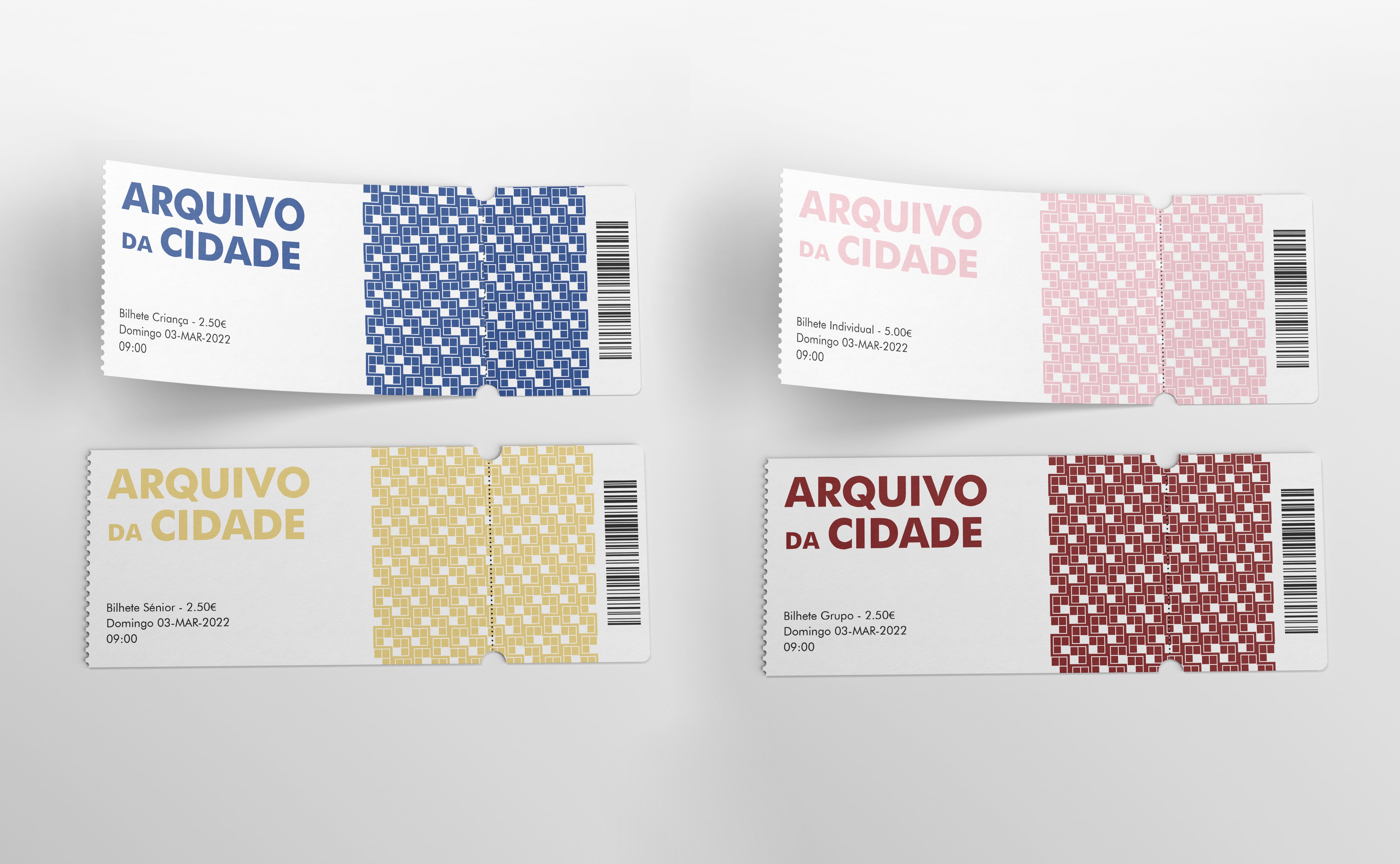 Four tickets with different colours for Arquivo da Cidade.
