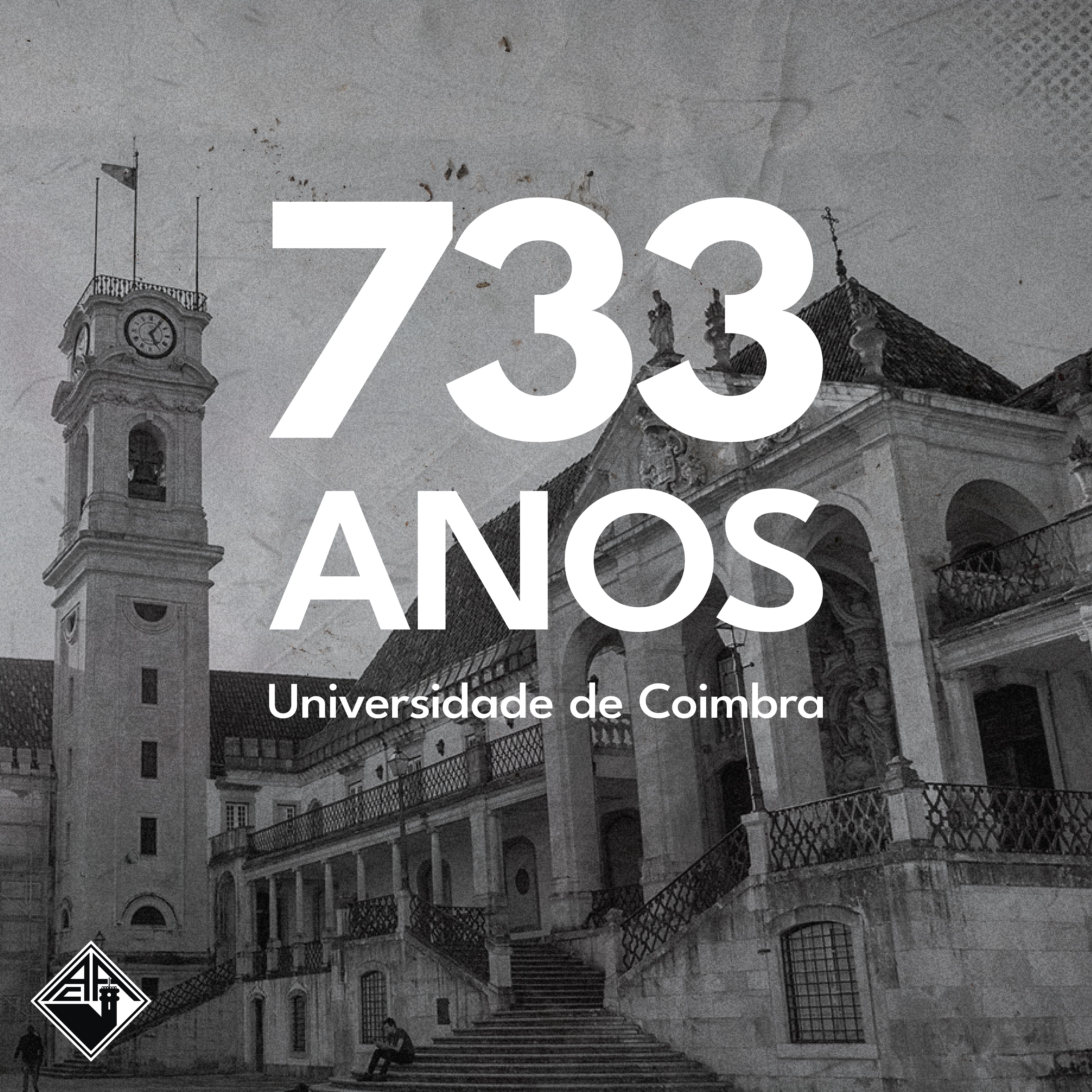 Instagram post in black and white celebrating University of Coimbra's 733rd anniversary.