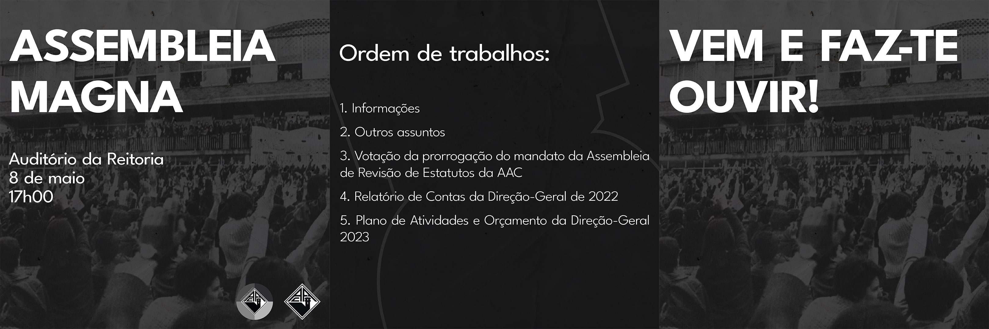 Black and white Instagram post with three slides, announcing a Students' General Assembly.