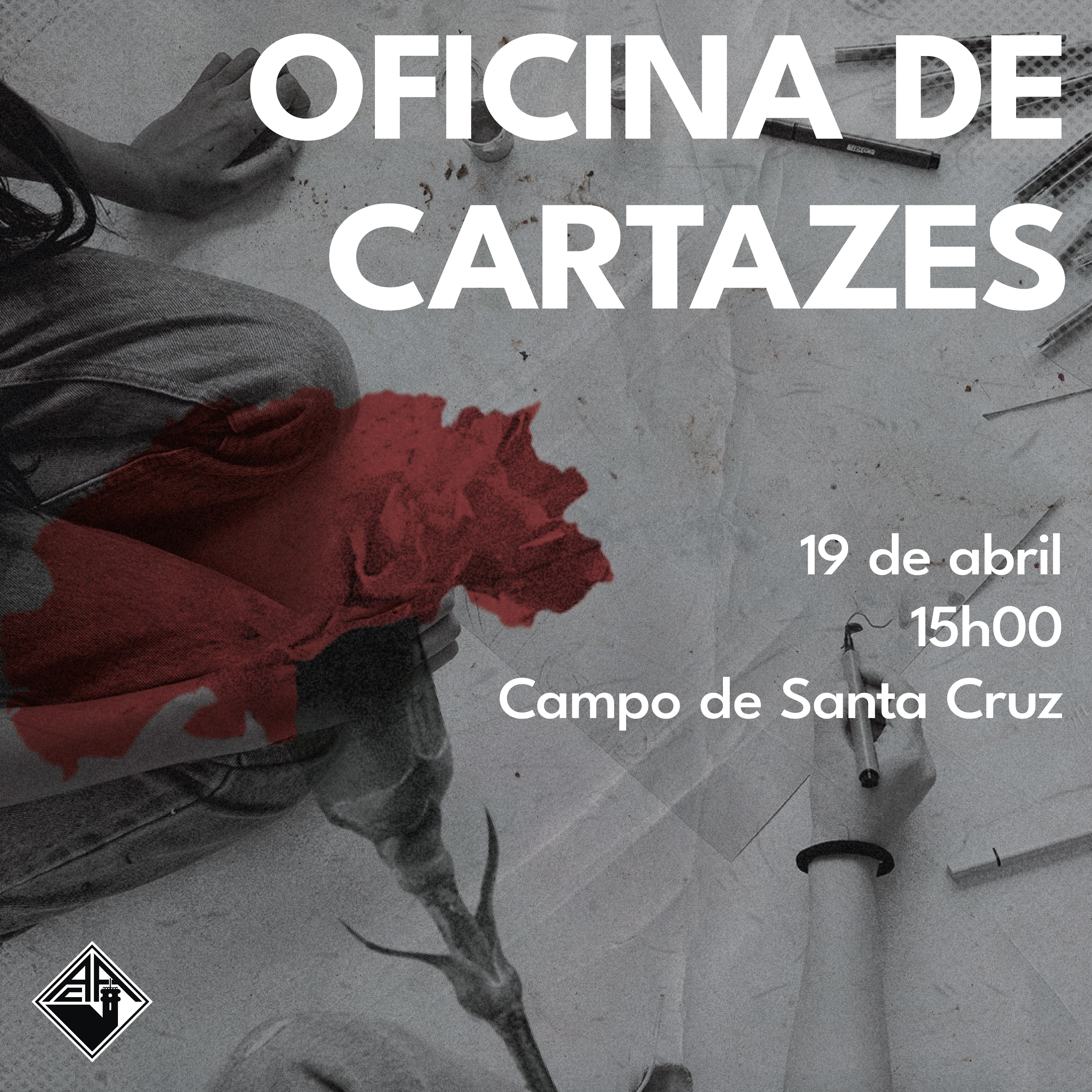 Instagram post in black and white with a red carnation, announcing a poster making workshop.