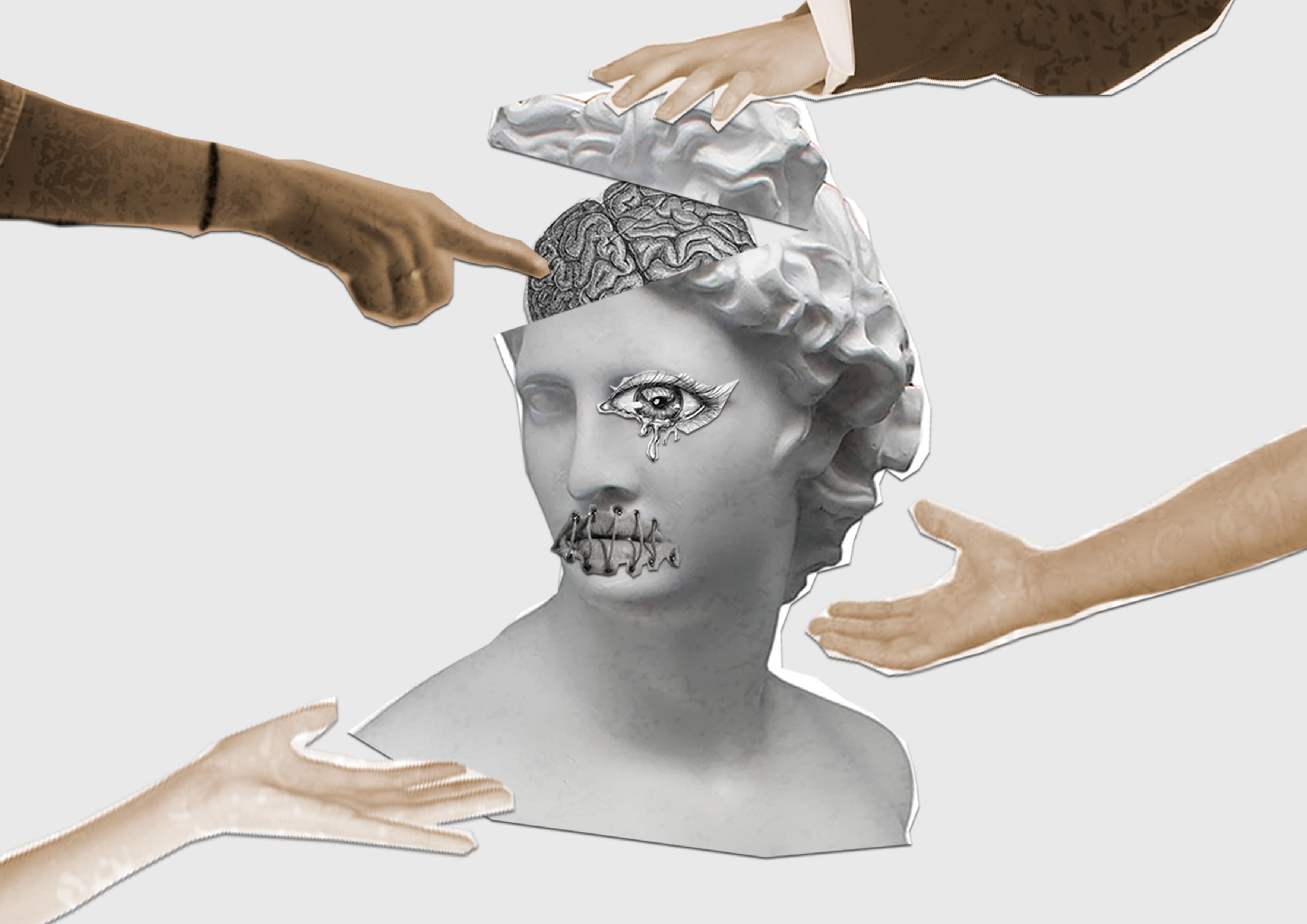 Photomontage featuring a bust with its head cut and a brain popping out, with several hands reaching for it.