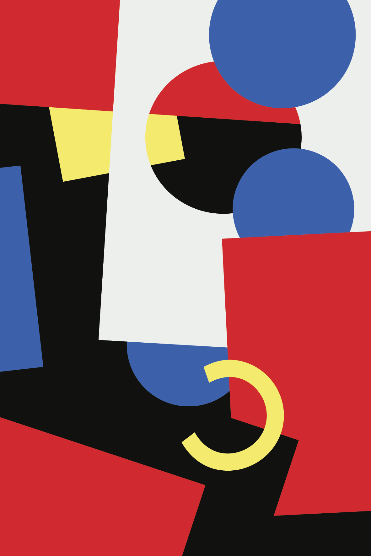 Abstract composition featuring several overlapping shapes in black, white, red, yellow and blue.