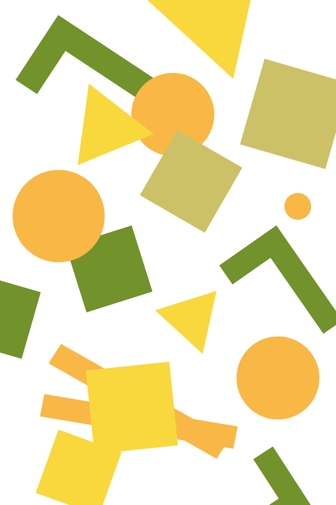 Abstract composition featuring several overlapping shapes in white, green, orange and yellow.