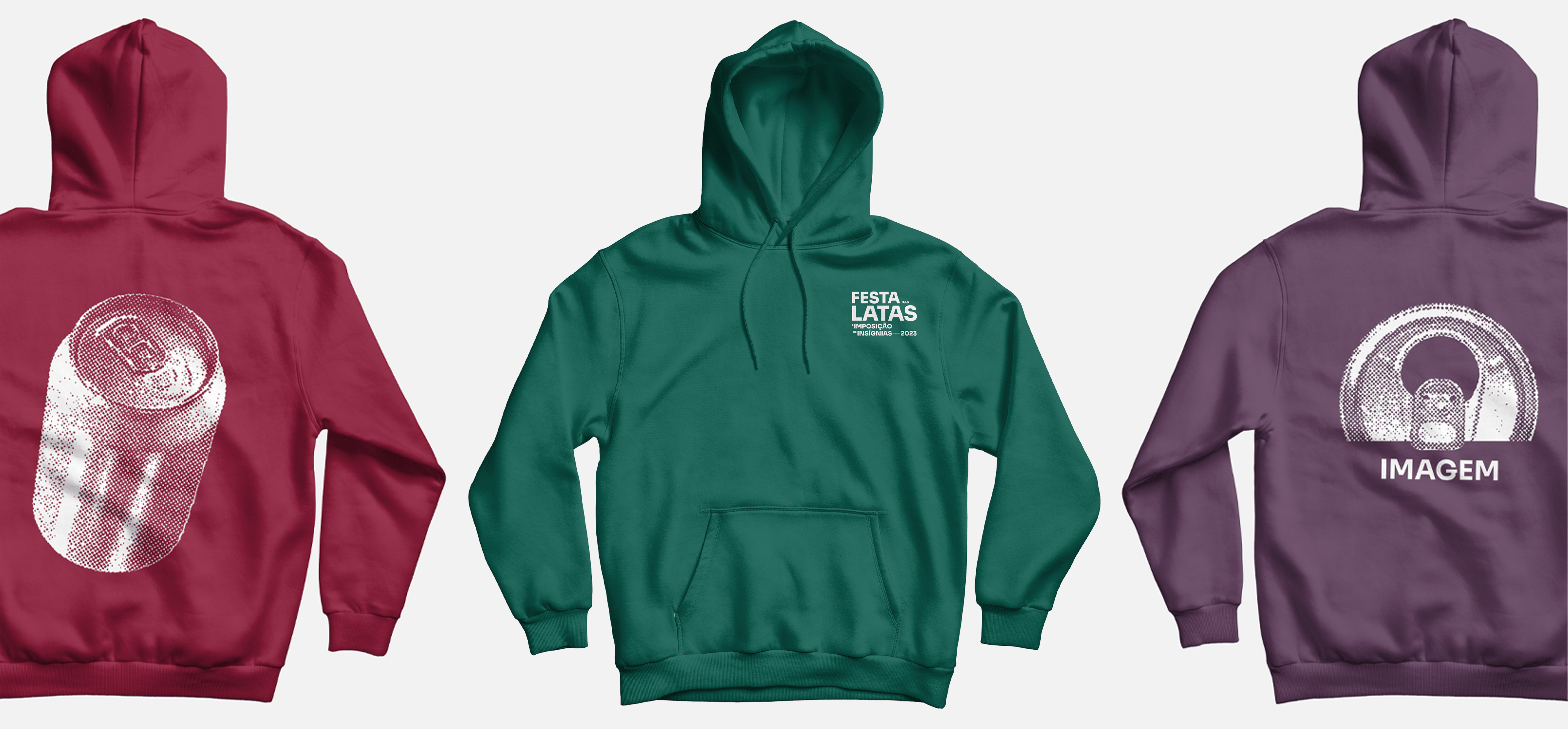 A red, a green and a purple hoodie, featuring an image of a can in the back and Festa das Latas's logo in the front.