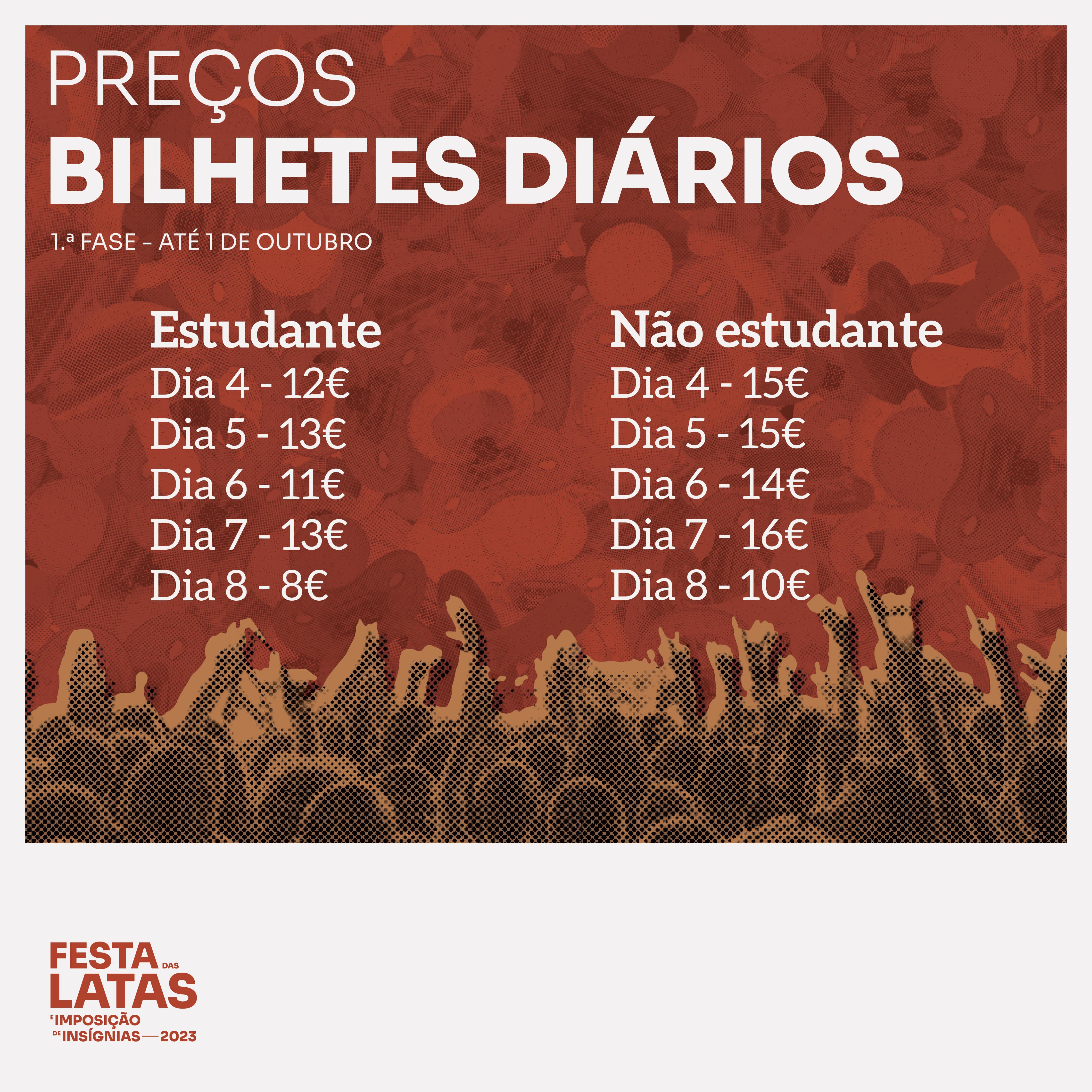Instagram post with Festa das Latas's prices, featuring a brown image of people with their hands up on a brown background.