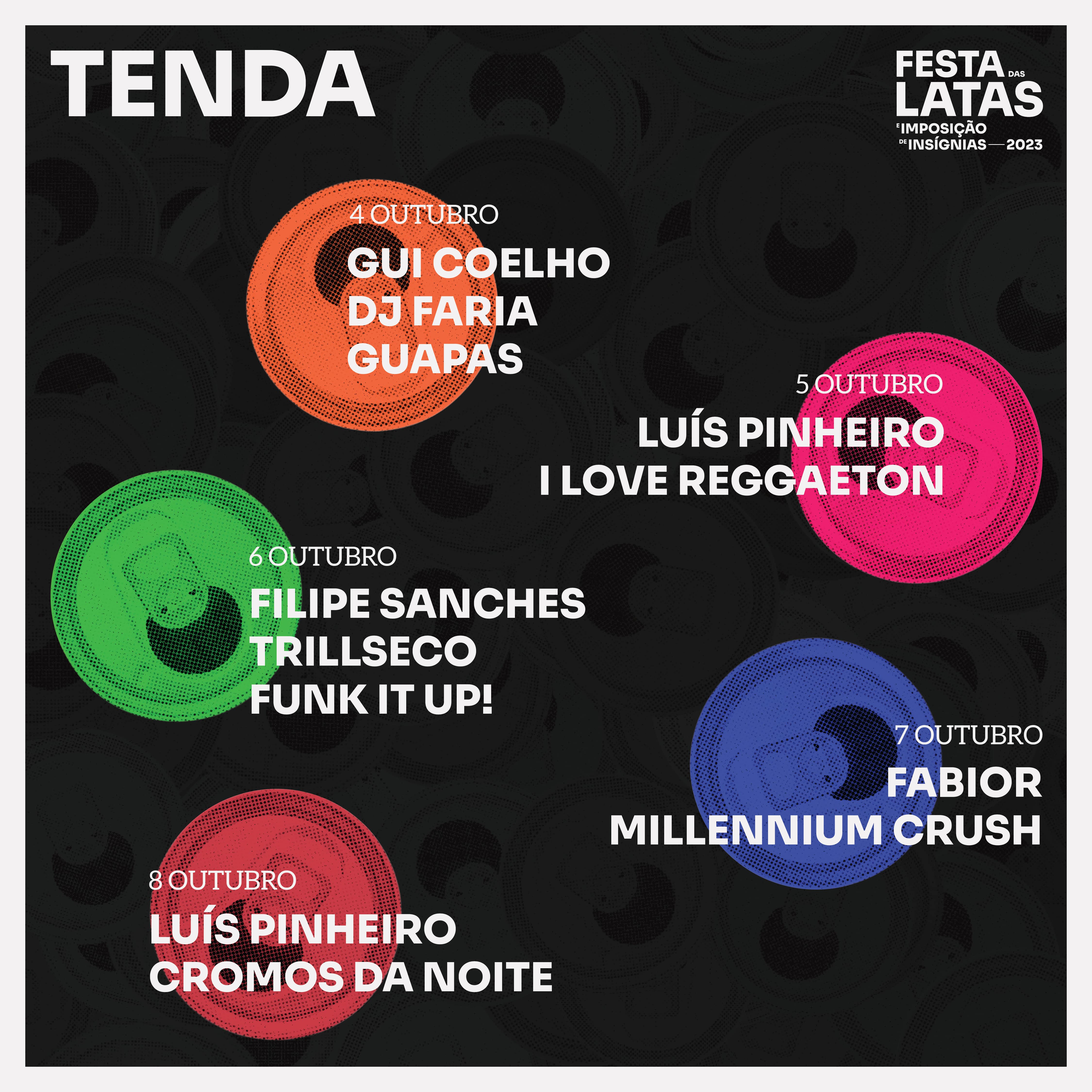 Poster with Festa das Latas's tent program, featuring several DJs, grouped by performance day. Each day has a corresponding can, with a unique colour.