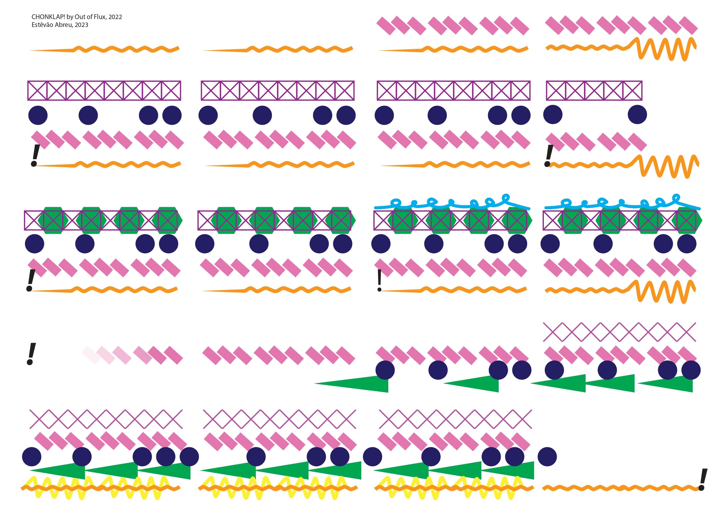 A series of abstract shapes with various colors, each representing different sound and rhythms in Out of Flux's song CHONKLAP!