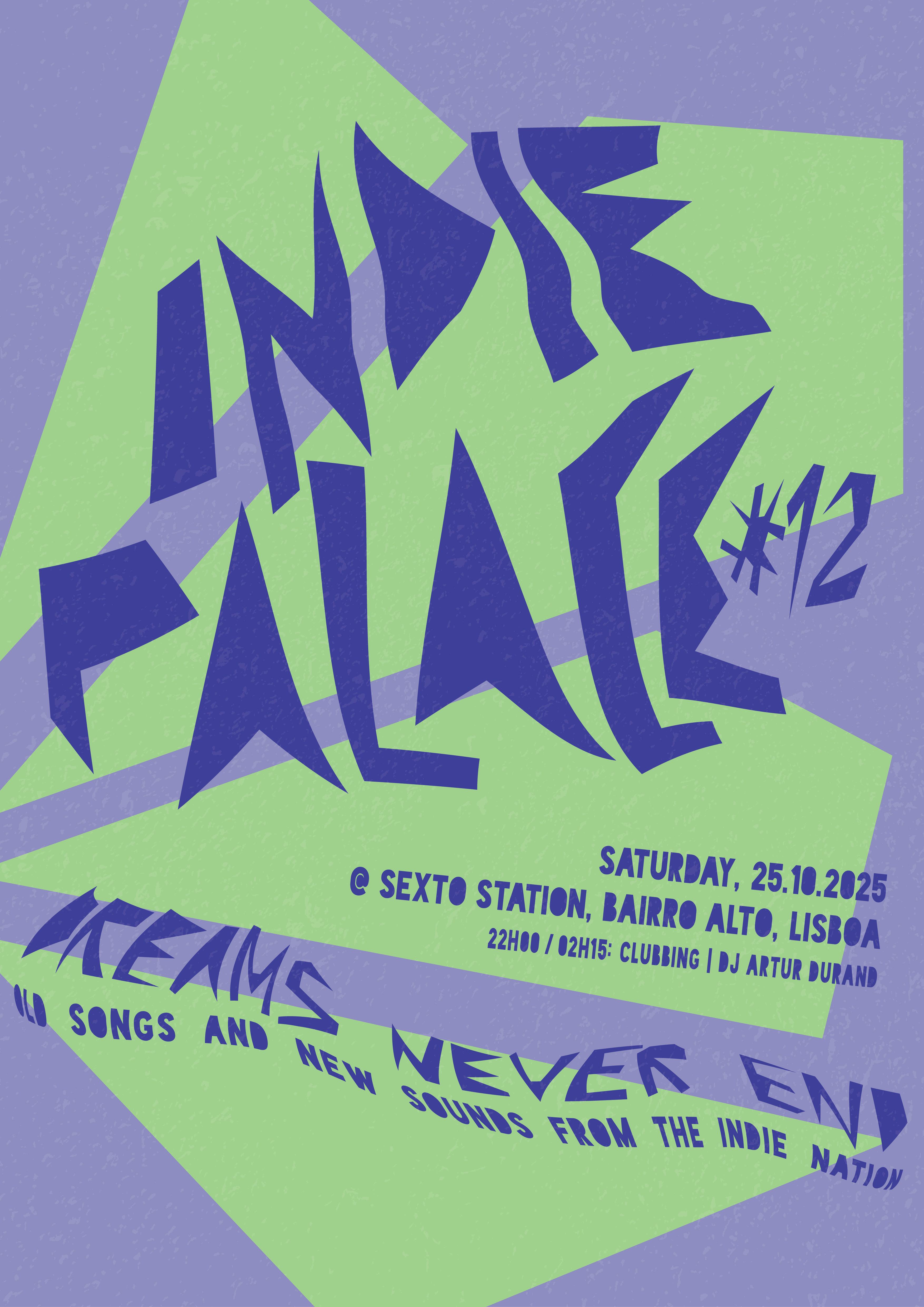 Purple and green poster with cubic shapes and letters for the Indie Palace #12 Party.