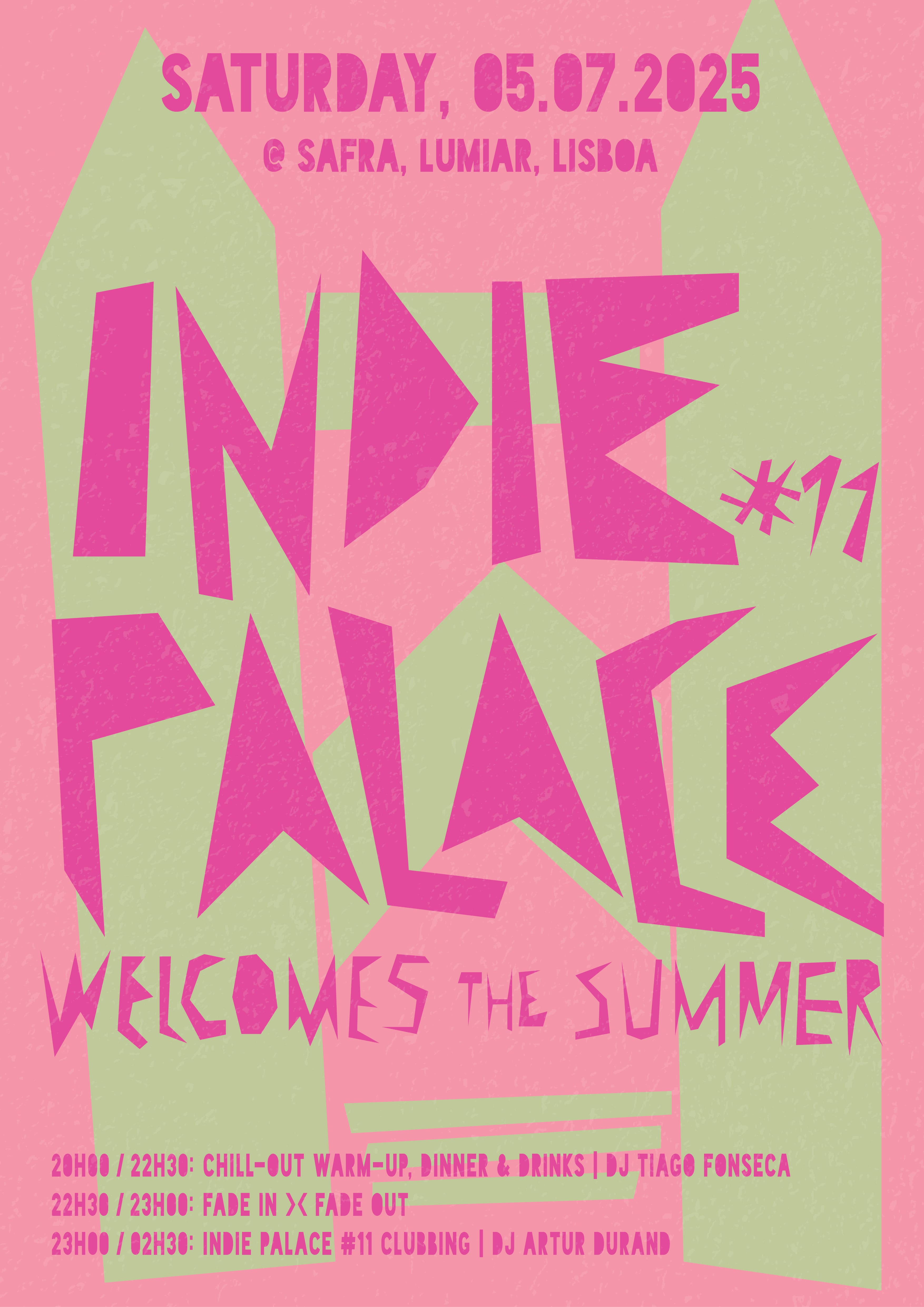 Pink and yellow poster with cubic shapes and letters for the Indie Palace #11 Party.