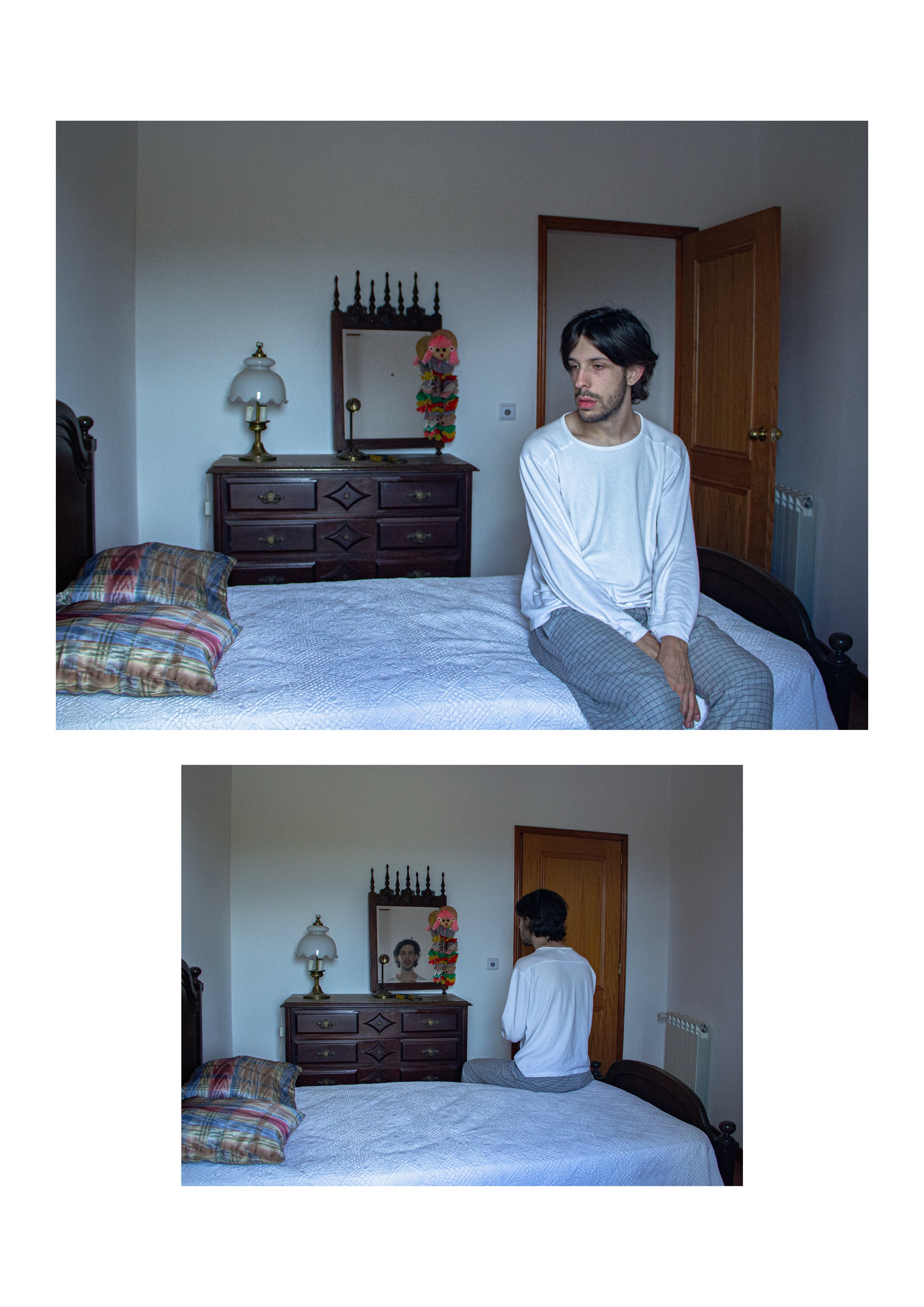 Self-portraits #1 and #2, set in an old bedroom.