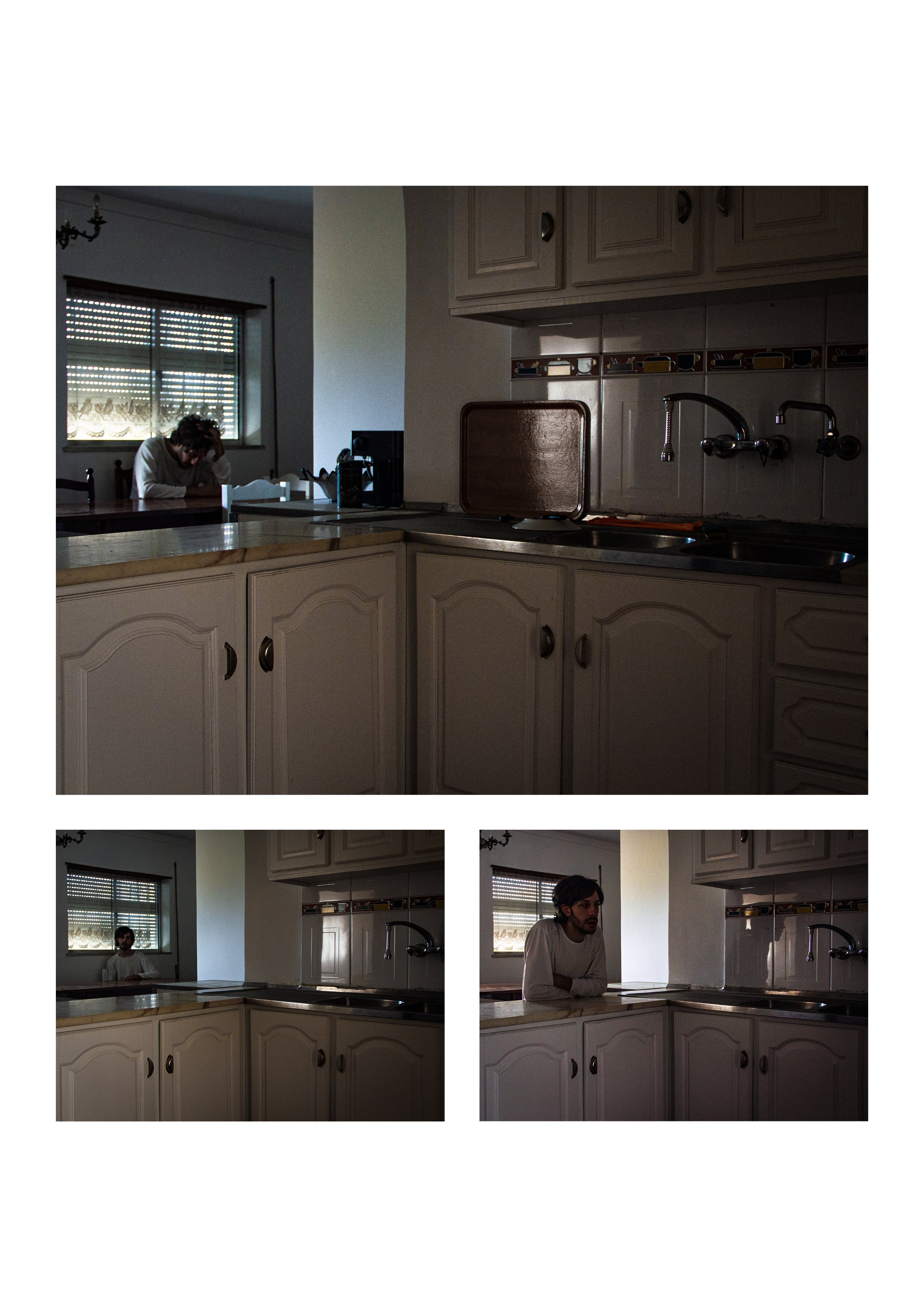Self-portraits #24, #25 and #26, set in a kitchen.