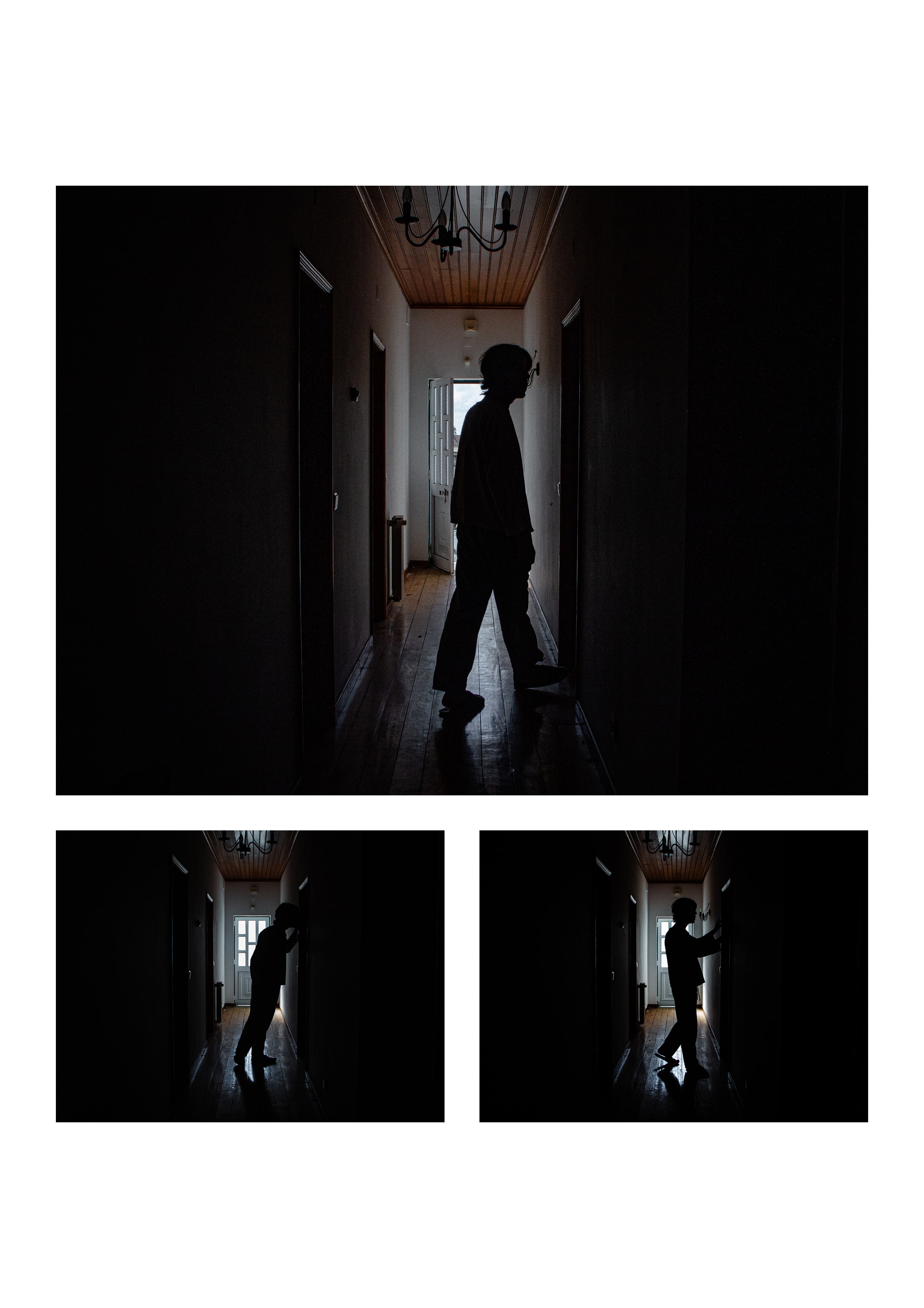 Self-portraits #6, #7 and #8, set in a dark corridor.
