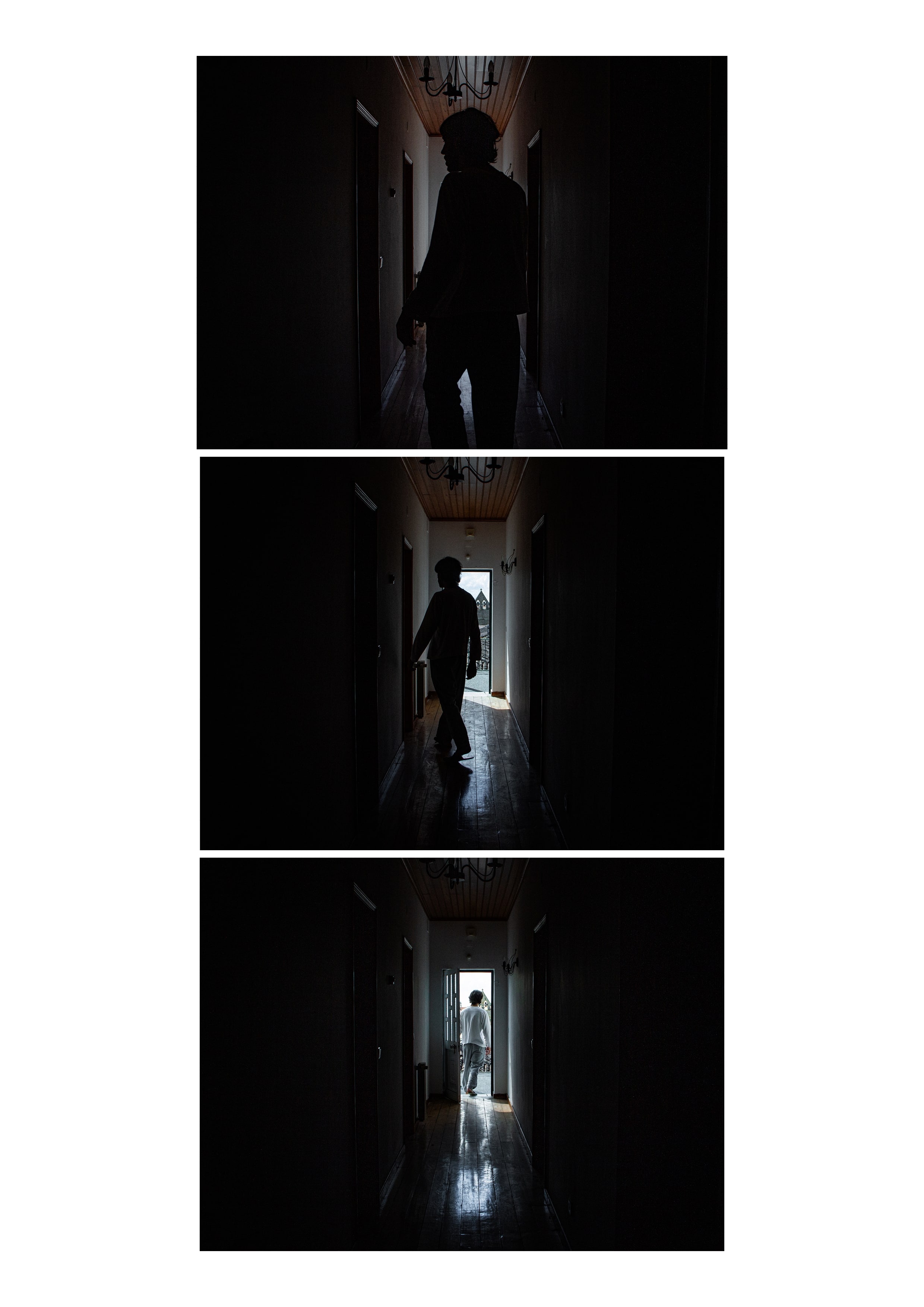 Self-portraits #9, #10 and #11, set in the same dark corridor.