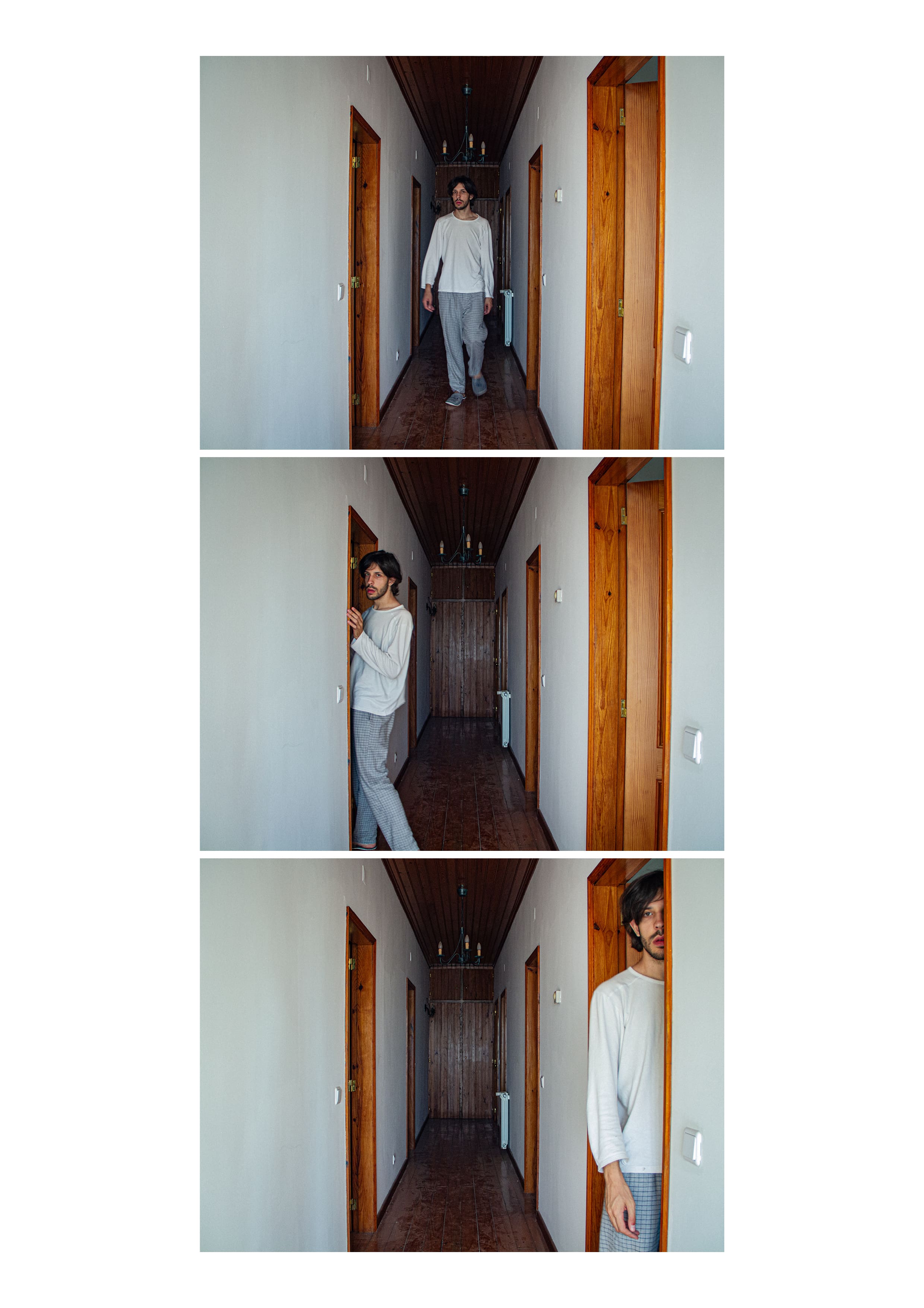 Self-portraits #15, #16 and #17, set in an illuminated corridor.