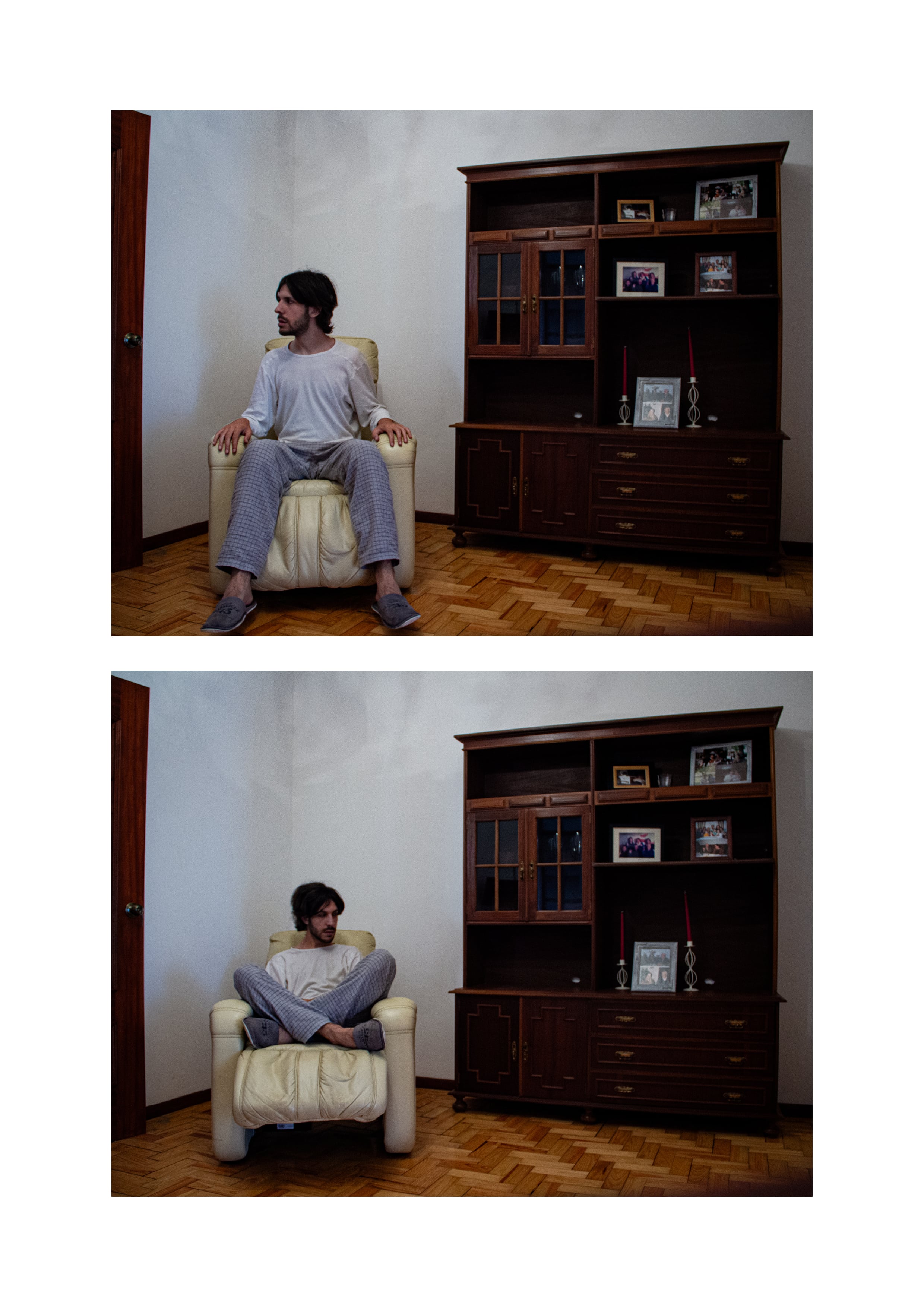 Self-portraits #18 and #19, set in a room with just a chair and a cabinet.