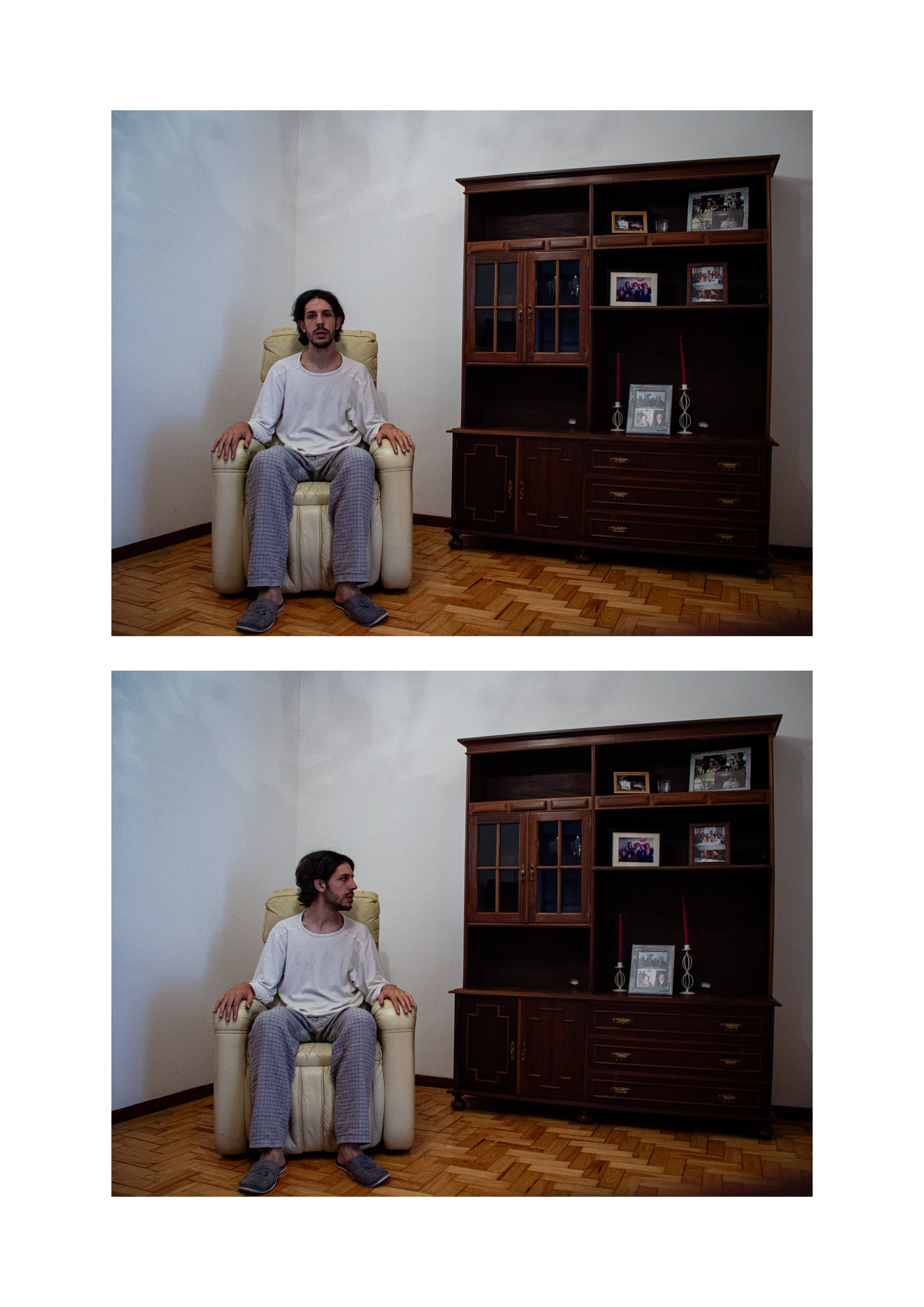 Self-portraits #20 and #21, set in the same room with a chair and a cabinet.