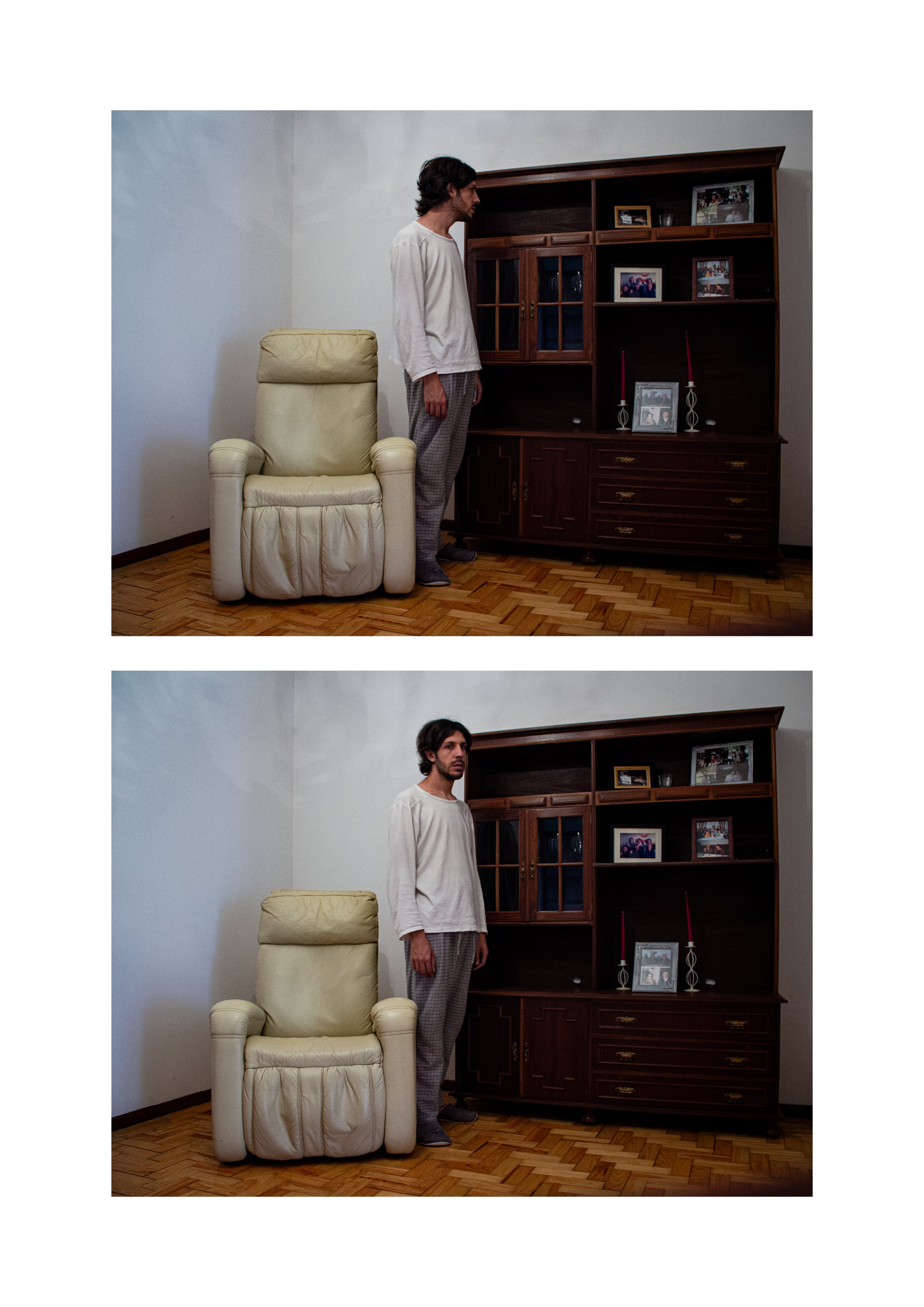 Self-portraits #22 and #23, set in the same room with a chair and a cabinet.